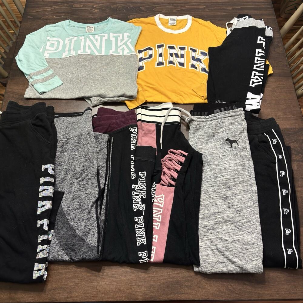 Bundle Lot 9 Victorias Secret VS PINK 7 Jogger Leggings 2 Shirts Sequin Bling XS